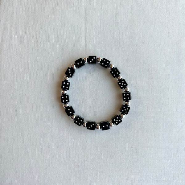 Black Dice and Silver Bead Stretch Bracelet, Casino Bracelet, Bunco Bracelet, Game Night Bracelet