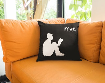 Boy and girl silhouette reading throw pillow for reading nook decor