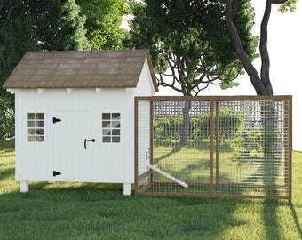 May include: A white wooden chicken coop with a brown shingled roof and a wire mesh run. The coop has a small door and two windows. The run has a wooden ramp leading up to the coop.