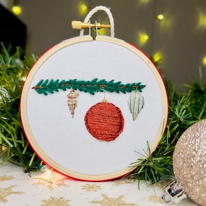 Ornament Branch Embroidery Art - 4 inch Hand Embroidery, Classic Christmas