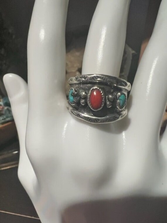 Vintage Navajo Ring Turquoise and Coral - Etsy