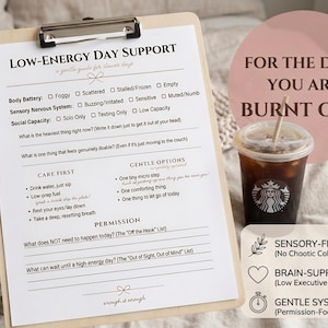 AuDHD Low Energy Day Support Packet | Executive Dysfunction ADHD Planner | Autistic Burnout Guide | Sensory Overload Gentle Coping Menu
