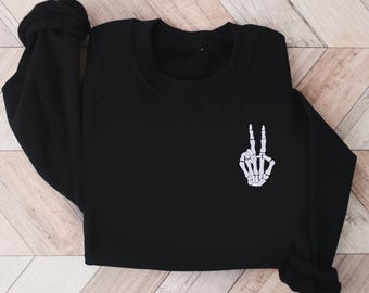 Sudadera con símbolo de la paz de esqueleto bordado / Sudadera de cuello redondo de Halloween