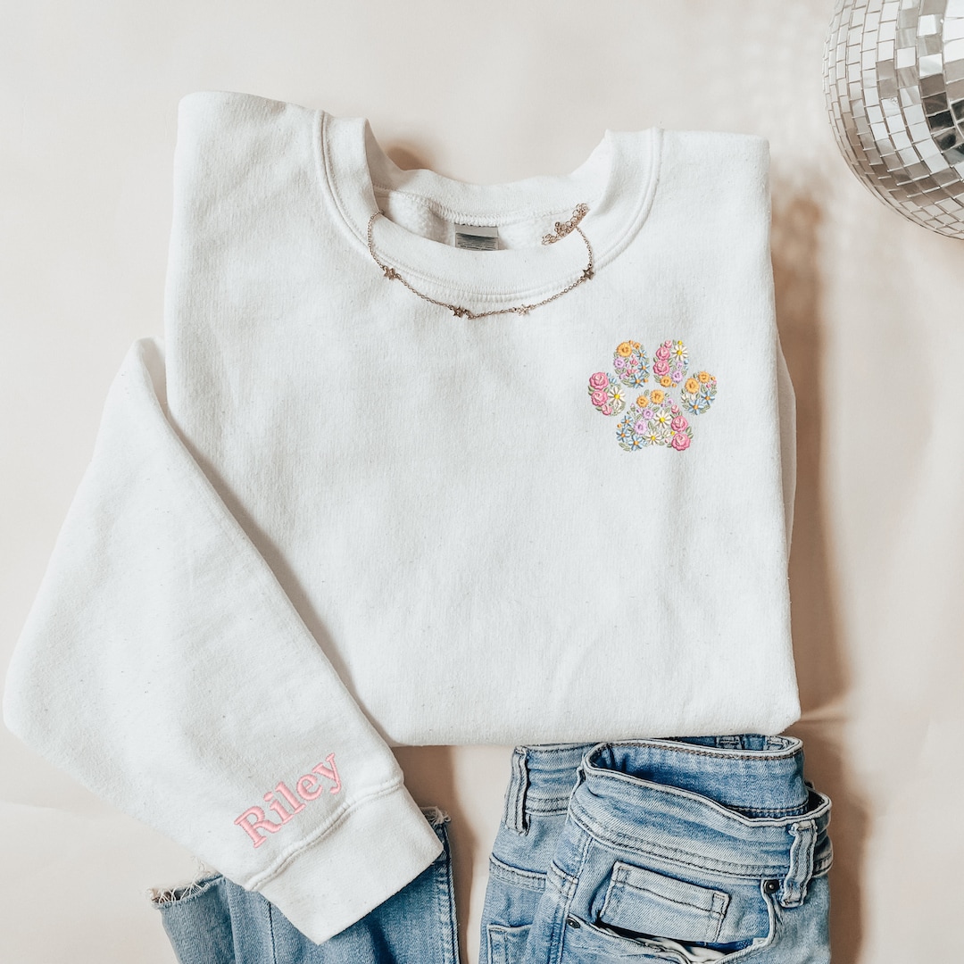 Embroidered Floral Paw Print Sweatshirt | Pet Lover Crewneck | Name ...