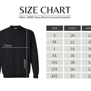 以下が含まれることがあります： Gildan 18000 Heavy Blend クルーネック スウェットシャツのサイズチャート。チャートには、S から 4XL までのサイズと、対応する胸囲と着丈の寸法（インチ）が示されています。