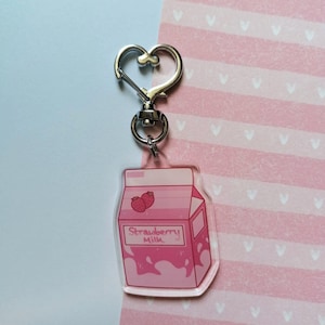 Llavero acrílico de cartón de leche de fresa kawaii - llavero de doble cara menhera cutecore/dije de bolso/llavero para llaves de coche, bolso, mochila