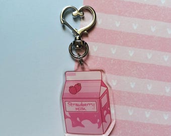 Kawaii Strawberry Milk Carton Acrylic Keychain - Heart Clasp