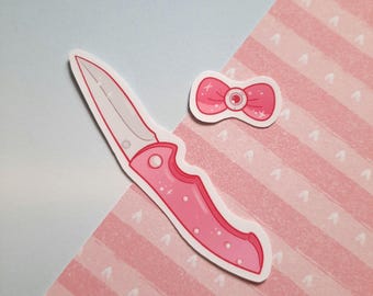 Set of 2 Menhera waterproof stickers- knife sticker and bow sticker- pastel goth, yami kawaii, jirai kei, cute stickers, laptop stickers