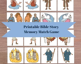 May include: A printable Bible story memory match game with 16 colorful cards featuring different scenes from the Bible. The cards include images of Jonah and the whale, Daniel in the lion's den, Moses parting the Red Sea, and more.