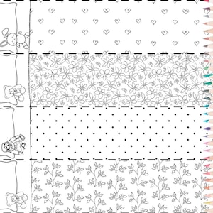 May include: A set of four printable coloring pages featuring different patterns and designs. The pages include a heart pattern, a floral pattern, a polka dot pattern, and a leafy pattern. Each page has a blank space at the top for writing or drawing.