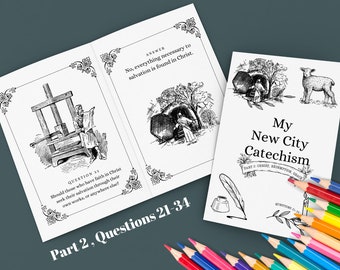 May include: Black and white illustration of a book with the title "My New City Catechism" and the text "Part 2: Christ, Redemption, Grace". The book is open to a page with a black and white illustration of a person kneeling before a tomb.