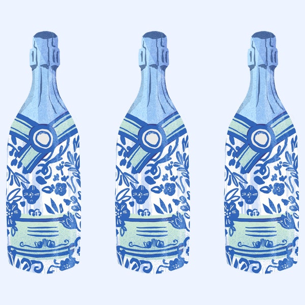 Blue Chinoiserie Champagne Bottle Decorative Print 20x16