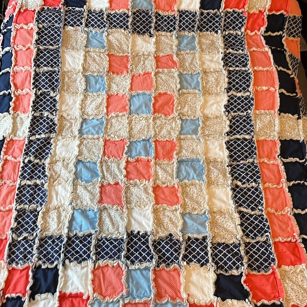 Rag Quilt featuring Vintage Floral fabric 70x78 one-of-a-kind throw blanket