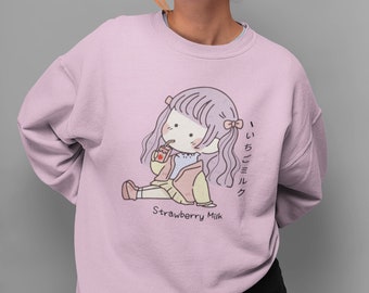 Sudadera de leche de fresa Kawaii / Suéter rosa Harajuku Crewneck / Lindo anime Fashion Top / いちごミルクAnime Jumper