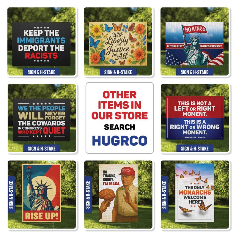 May include: A collection of political yard signs with various messages. Some signs feature text like "Keep the Immigrants Deport the Racists," "No Kings," and "Rise Up!" Other signs display phrases such as "With Liberty and Justice for All" and "This is not a left or right moment."