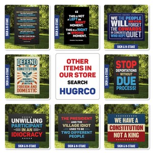 May include: A collection of political signs with various statements. One sign reads "This is not a left or right moment. This is a right or wrong moment." Another says "Defend the Constitution." Other signs have text.