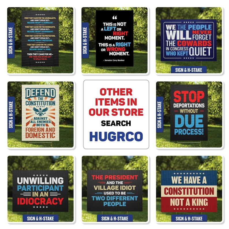 May include: A collection of political signs with various statements. One sign reads "This is not a left or right moment. This is a right or wrong moment." Another says "Defend the Constitution." Other signs have text.