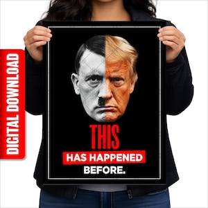May include: A poster with a black background featuring a split image of two faces, one side is a man with a moustache, the other side is a man with blonde hair. The text "THIS HAS HAPPENED BEFORE" is in red and white.
