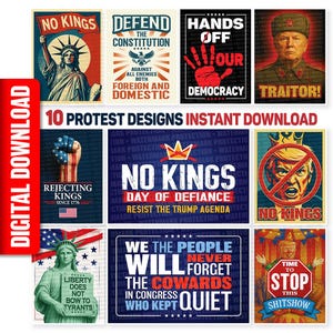 May include: A collection of 10 protest design digital downloads. The designs feature bold text and graphics, including the Statue of Liberty, a fist with the American flag, and anti-Trump imagery. Themes include democracy and defiance.