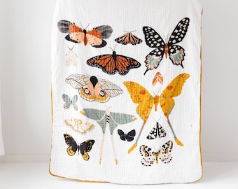 Butterfly Collector Print Oversized Blanket for Big Kid Beds | Quilt | Swaddle by Clementine Kids | 100% Muslin Cotton| Gift Idea