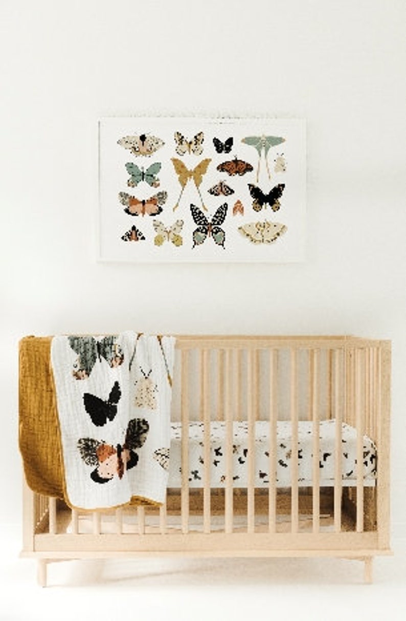 Butterfly Collector Quilt by Clementine Kids Beautiful Butterflies and Mustard Yellow Muslin Cotton Blanket 47x47 inches image 4