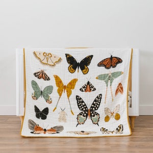 Butterfly Collector Quilt by Clementine Kids - Beautiful Butterflies and Mustard Yellow Muslin Cotton Blanket - 47x47 inches