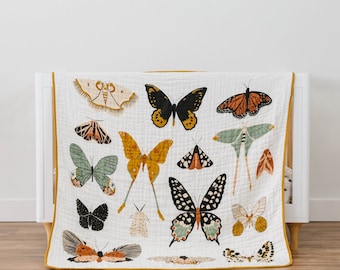 Butterfly Collector Quilt by Clementine Kids - Beautiful Butterflies and Mustard Yellow Muslin Cotton Blanket - 47x47 inches