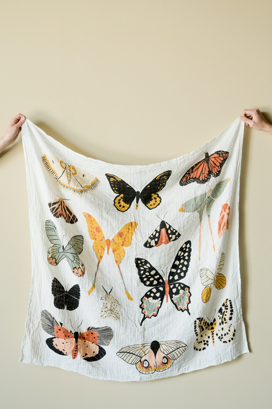Butterfly Collector Print Oversized Blanket for Big Kid Beds | Quilt | Swaddle by Clementine Kids | 100% Muslin Cotton| Gift Idea