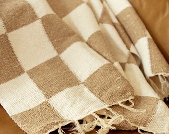 Tan & Cream - Heavyweight Checker Throw Blanket | Home Living and Style | Decorative Blanket | Eco-Friendly and Recycled | Home Gift Idea