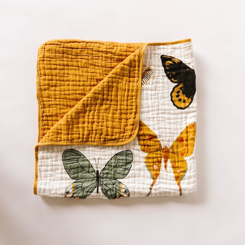 Butterfly Collector Quilt by Clementine Kids Beautiful Butterflies and Mustard Yellow Muslin Cotton Blanket 47x47 inches image 2