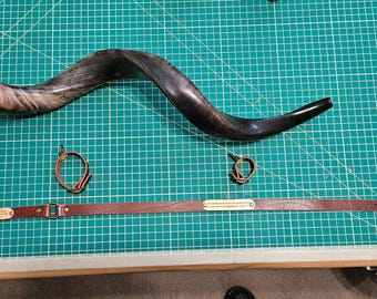 Handmade Personalized Leather Shofar Strap – Full Grain Horween Dublin English Tan | Adjustable | Judaica Gift