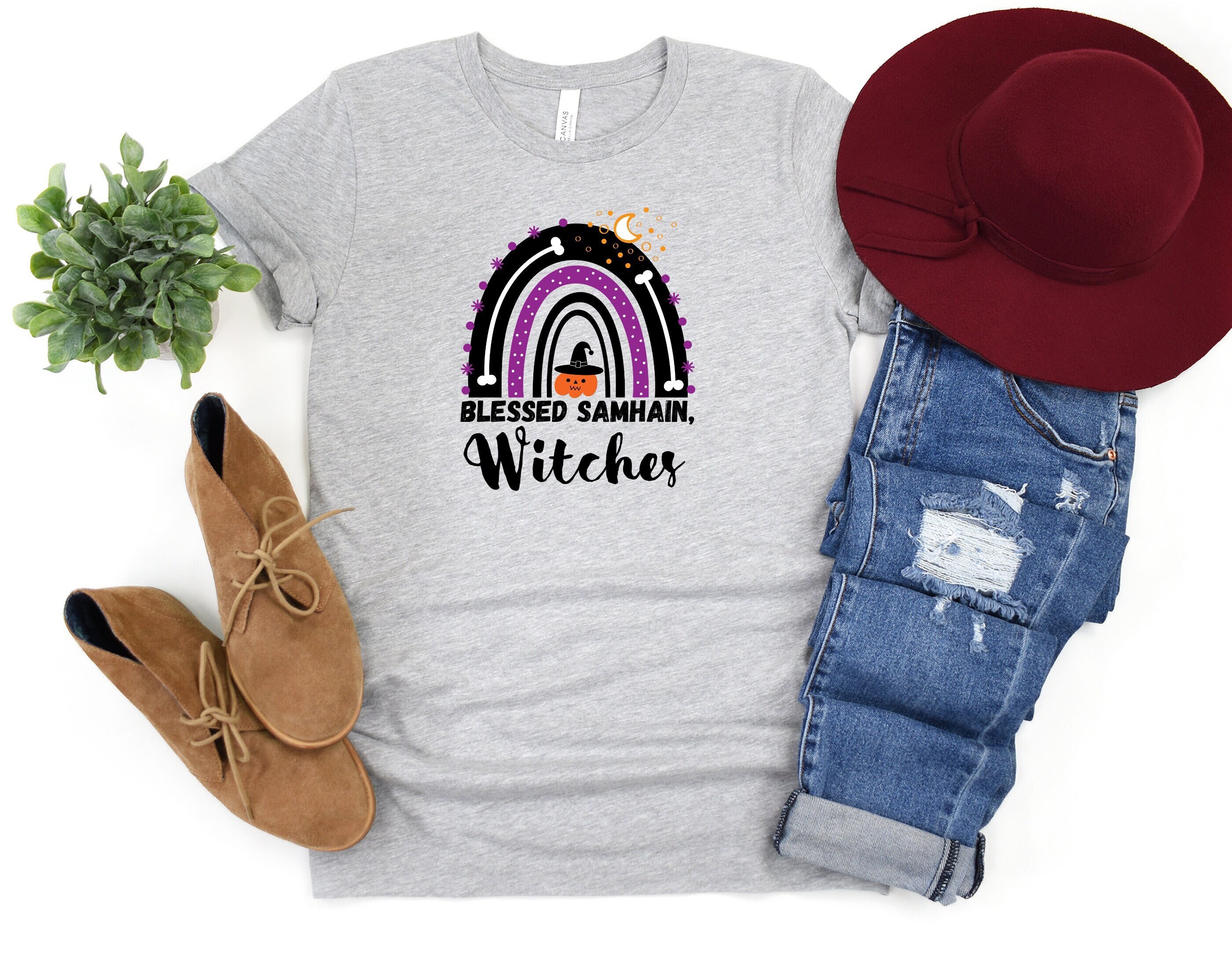 Blessed Samhain Witches T-Shirt, Samhain Shirt, Halloween Shirt, Witchy Rainbow Shirt, Witchy Pumpkin Shirt
