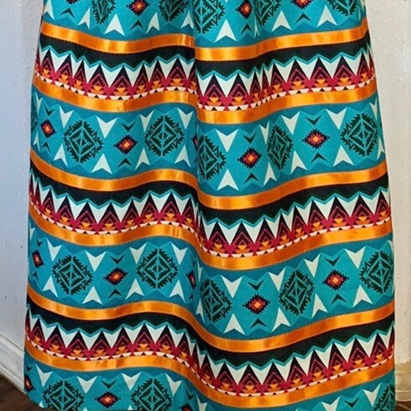 Women's Ribbon Skirt Turquoise & Orange Native Geo Print - XLarge