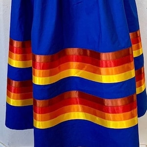 Traditional Ribbon Skirt Royal Blue Solid with Yellow, Orange, Red & Rust Ribbons - Large