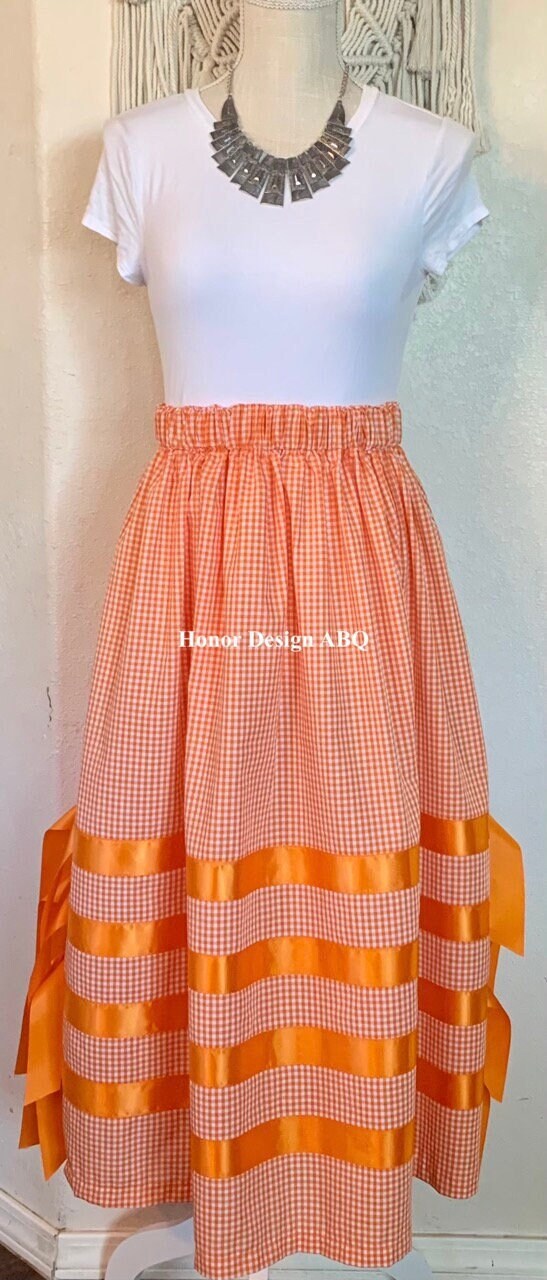 Ribbon Skirt Traditional Orange Gingham W/ Hanging Ribbons