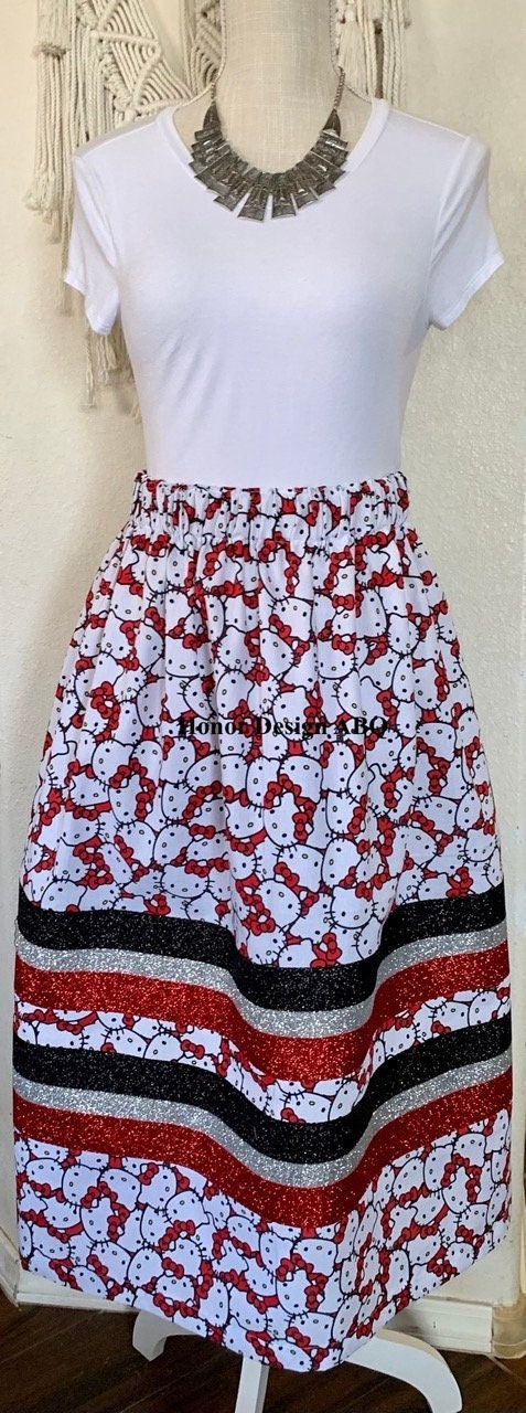 Traditional Ribbon Skirt Hello Kitty Fabric w/ Glittered Ribbon Medium