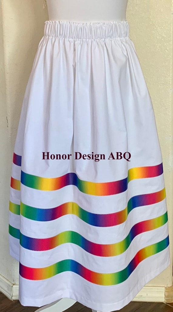 Traditional Ribbon Skirt With Ombre Rainbow Ribbon on White