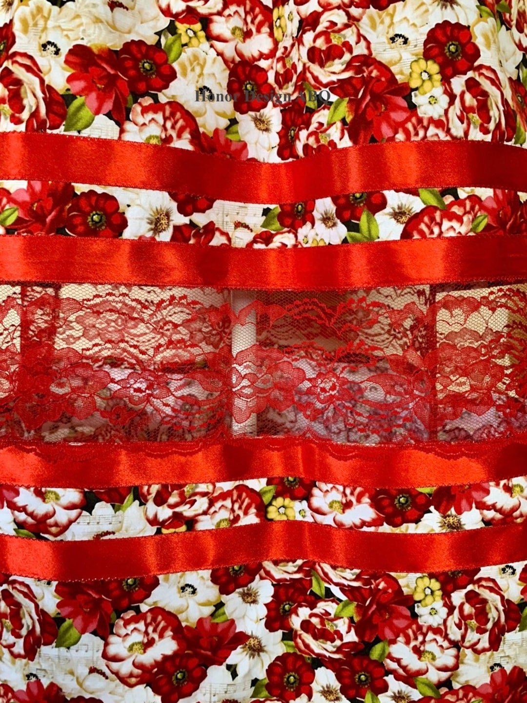 Studio Collection Ribbon Skirt Red and White Floral W/ Red
