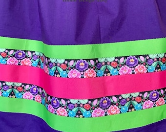 Traditional Ribbon Skirt Solid Purple with Floral Ribbons - X-Large