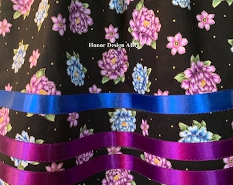 Traditional Ribbon Skirt in Purple and Royal Blue Floral Print - Medium