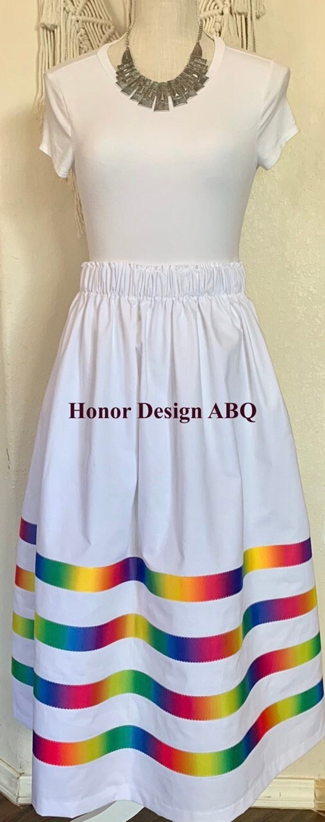 Traditional Ribbon Skirt With Ombre Rainbow Ribbon on White