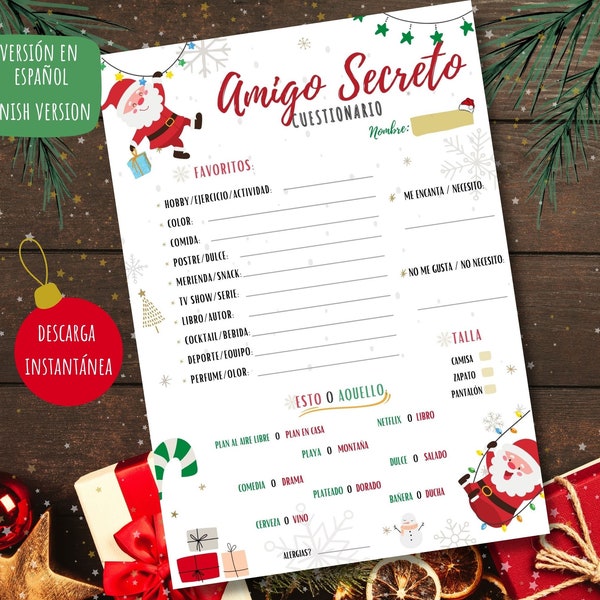 Divertido Cuestionario Amigo Secreto PDF en español, Descarga Inmediata, Intercambio de Regalos Navidad Ideas