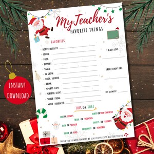 Sofortiger Download Fragebogen für Lehrer, Alles über Ihren Lehrer, Lehrer-Weihnachtswunschliste zum Ausdrucken, Wichtelwunsch