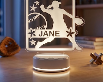 Softball Player Girl LED Lamp with Name - Custom Night Light for Girls Room, Teen Athletes, or Softball Lovers Birthday Gift Decor
