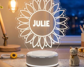 Personalized Sunflower LED Night Light with Custom Name – Boho Room Decor, Gift for Girls, Flower Themed Nursery or Bedroom Lamp