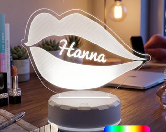 Personalized Lips LED Night Light – Custom Name Bedroom Lamp, Romantic Gift for Her, Makeup Lover Decor, Valentine’s or Anniversary Gift