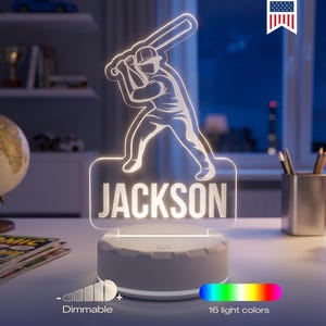 Baseball Player Personalized LED Night Light - Custom Name Gift for Fans, Sports Bedroom, Game Room Decor, Party Enhancer, Remote Included