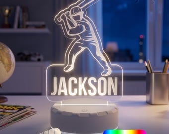 Baseball Player Personalized LED Night Light - Custom Name Gift for Fans, Sports Bedroom, Game Room Decor, Party Enhancer, Remote Included