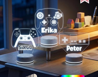 Custom Gamer LED Lamp with Name - Personalized Game Controller Light for Boys, Cool Gaming Room Decor, Unique Gift for Gamers