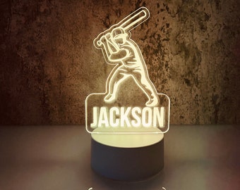 Baseball Player Personalized LED Night Light - Custom Name Gift for Fans, Sports Bedroom, Game Room Decor, Party Enhancer, Remote Included